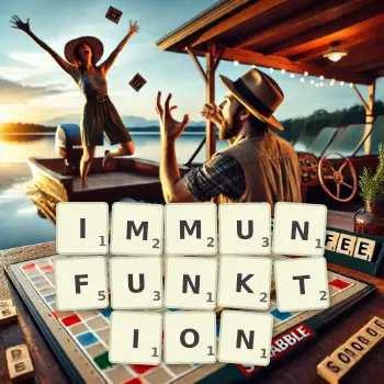 Kreative Illustration für ein Scrabble-Spiel, bei dem das Wort IMMUNFUNKTION mit Steinen auf dem Brett gelegt wurde.