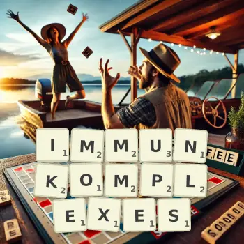 Kreative Illustration für ein Scrabble-Spiel, bei dem das Wort IMMUNKOMPLEXES mit Steinen auf dem Brett gelegt wurde.