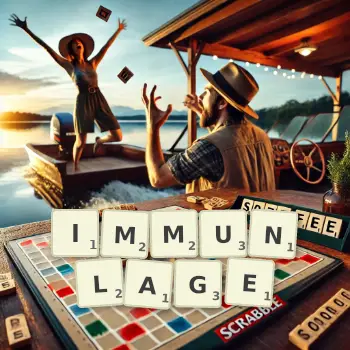 Kreative Illustration für ein Scrabble-Spiel, bei dem das Wort IMMUNLAGE mit Steinen auf dem Brett gelegt wurde.