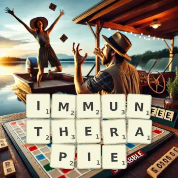 Kreative Illustration für ein Scrabble-Spiel, bei dem das Wort IMMUNTHERAPIE mit Steinen auf dem Brett gelegt wurde.