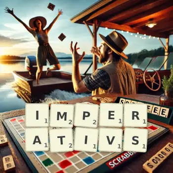 Kreative Illustration für ein Scrabble-Spiel, bei dem das Wort IMPERATIVS mit Steinen auf dem Brett gelegt wurde.