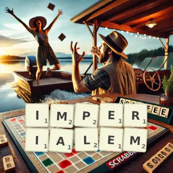 Kreative Illustration für ein Scrabble-Spiel, bei dem das Wort IMPERIALEM mit Steinen auf dem Brett gelegt wurde.