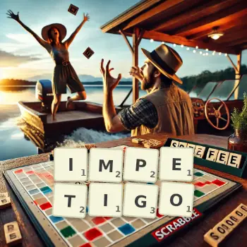 Kreative Illustration für ein Scrabble-Spiel, bei dem das Wort IMPETIGO mit Steinen auf dem Brett gelegt wurde.