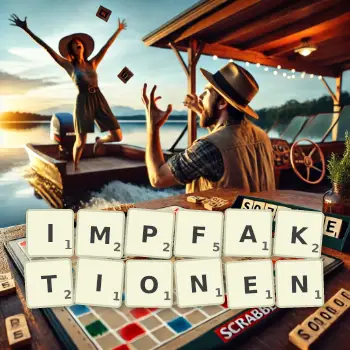 Kreative Illustration für ein Scrabble-Spiel, bei dem das Wort IMPFAKTIONEN mit Steinen auf dem Brett gelegt wurde.