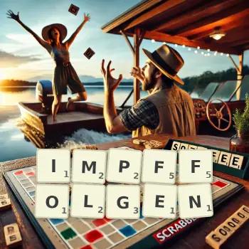 Kreative Illustration für ein Scrabble-Spiel, bei dem das Wort IMPFFOLGEN mit Steinen auf dem Brett gelegt wurde.