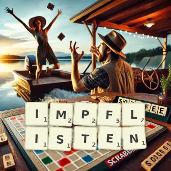 Kreative Illustration für ein Scrabble-Spiel, bei dem das Wort IMPFLISTEN mit Steinen auf dem Brett gelegt wurde.
