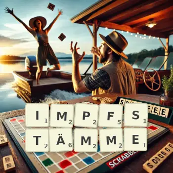 Kreative Illustration für ein Scrabble-Spiel, bei dem das Wort IMPFSTÄMME mit Steinen auf dem Brett gelegt wurde.