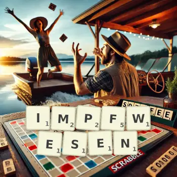 Kreative Illustration für ein Scrabble-Spiel, bei dem das Wort IMPFWESEN mit Steinen auf dem Brett gelegt wurde.