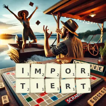 Kreative Illustration für ein Scrabble-Spiel, bei dem das Wort IMPORTIERT mit Steinen auf dem Brett gelegt wurde.