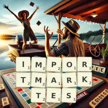 Kreative Illustration für ein Scrabble-Spiel, bei dem das Wort IMPORTMARKTES mit Steinen auf dem Brett gelegt wurde.