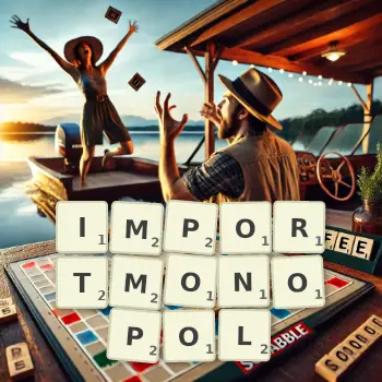 Kreative Illustration für ein Scrabble-Spiel, bei dem das Wort IMPORTMONOPOL mit Steinen auf dem Brett gelegt wurde.