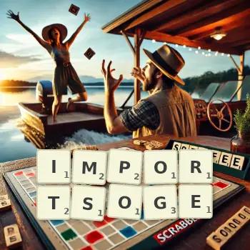 Kreative Illustration für ein Scrabble-Spiel, bei dem das Wort IMPORTSOGE mit Steinen auf dem Brett gelegt wurde.