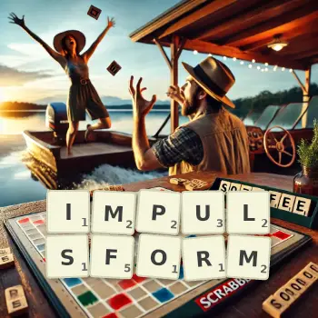 Kreative Illustration für ein Scrabble-Spiel, bei dem das Wort IMPULSFORM mit Steinen auf dem Brett gelegt wurde.