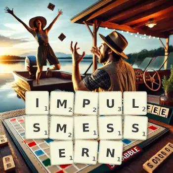 Kreative Illustration für ein Scrabble-Spiel, bei dem das Wort IMPULSMESSERN mit Steinen auf dem Brett gelegt wurde.