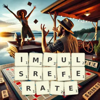 Kreative Illustration für ein Scrabble-Spiel, bei dem das Wort IMPULSREFERATE mit Steinen auf dem Brett gelegt wurde.