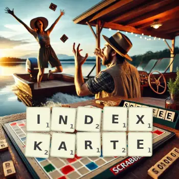 Kreative Illustration für ein Scrabble-Spiel, bei dem das Wort INDEXKARTE mit Steinen auf dem Brett gelegt wurde.