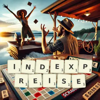 Kreative Illustration für ein Scrabble-Spiel, bei dem das Wort INDEXPREISE mit Steinen auf dem Brett gelegt wurde.