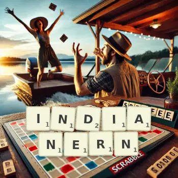 Kreative Illustration für ein Scrabble-Spiel, bei dem das Wort INDIANERN mit Steinen auf dem Brett gelegt wurde.