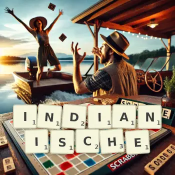 Kreative Illustration für ein Scrabble-Spiel, bei dem das Wort INDIANISCHE mit Steinen auf dem Brett gelegt wurde.