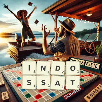 Kreative Illustration für ein Scrabble-Spiel, bei dem das Wort INDOSSAT mit Steinen auf dem Brett gelegt wurde.