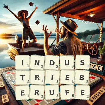Kreative Illustration für ein Scrabble-Spiel, bei dem das Wort INDUSTRIEBERUFE mit Steinen auf dem Brett gelegt wurde.
