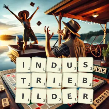 Kreative Illustration für ein Scrabble-Spiel, bei dem das Wort INDUSTRIEBILDER mit Steinen auf dem Brett gelegt wurde.