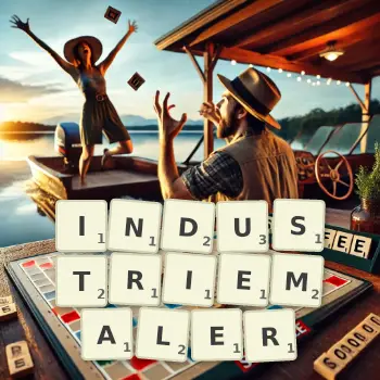 Kreative Illustration für ein Scrabble-Spiel, bei dem das Wort INDUSTRIEMALER mit Steinen auf dem Brett gelegt wurde.