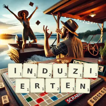 Kreative Illustration für ein Scrabble-Spiel, bei dem das Wort INDUZIERTEN mit Steinen auf dem Brett gelegt wurde.