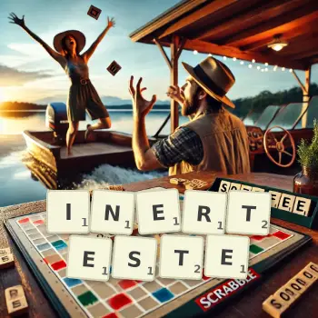 Kreative Illustration für ein Scrabble-Spiel, bei dem das Wort INERTESTE mit Steinen auf dem Brett gelegt wurde.