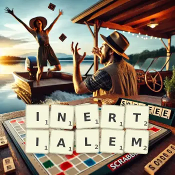 Kreative Illustration für ein Scrabble-Spiel, bei dem das Wort INERTIALEM mit Steinen auf dem Brett gelegt wurde.