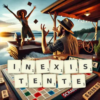 Kreative Illustration für ein Scrabble-Spiel, bei dem das Wort INEXISTENTE mit Steinen auf dem Brett gelegt wurde.