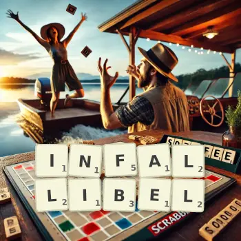Kreative Illustration für ein Scrabble-Spiel, bei dem das Wort INFALLIBEL mit Steinen auf dem Brett gelegt wurde.