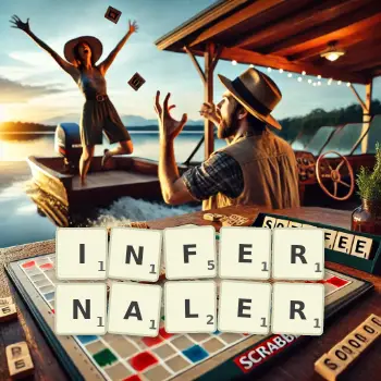 Kreative Illustration für ein Scrabble-Spiel, bei dem das Wort INFERNALER mit Steinen auf dem Brett gelegt wurde.