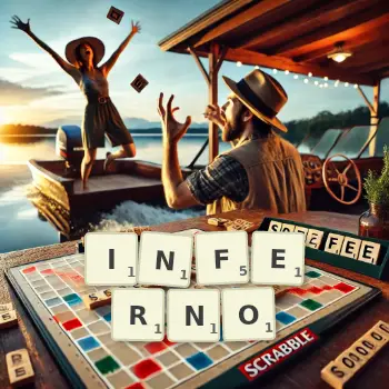 Kreative Illustration für ein Scrabble-Spiel, bei dem das Wort INFERNO mit Steinen auf dem Brett gelegt wurde.
