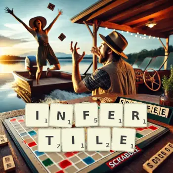 Kreative Illustration für ein Scrabble-Spiel, bei dem das Wort INFERTILE mit Steinen auf dem Brett gelegt wurde.