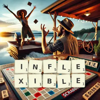 Kreative Illustration für ein Scrabble-Spiel, bei dem das Wort INFLEXIBLE mit Steinen auf dem Brett gelegt wurde.
