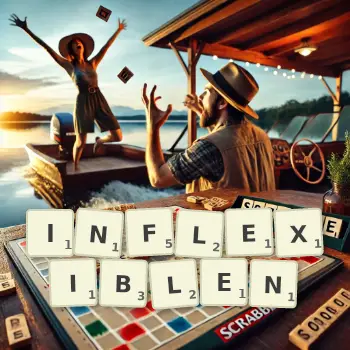 Kreative Illustration für ein Scrabble-Spiel, bei dem das Wort INFLEXIBLEN mit Steinen auf dem Brett gelegt wurde.