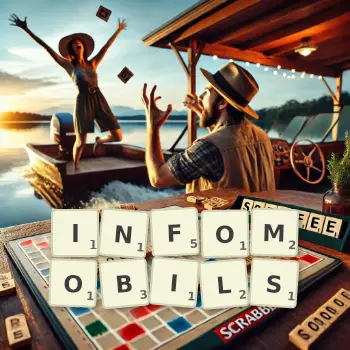 Kreative Illustration für ein Scrabble-Spiel, bei dem das Wort INFOMOBILS mit Steinen auf dem Brett gelegt wurde.