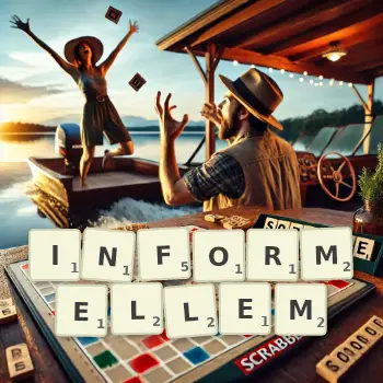 Kreative Illustration für ein Scrabble-Spiel, bei dem das Wort INFORMELLEM mit Steinen auf dem Brett gelegt wurde.