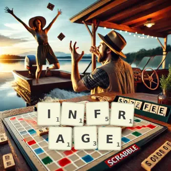 Kreative Illustration für ein Scrabble-Spiel, bei dem das Wort INFRAGE mit Steinen auf dem Brett gelegt wurde.