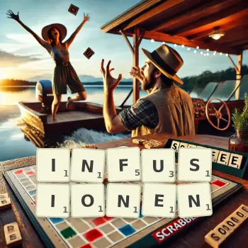 Kreative Illustration für ein Scrabble-Spiel, bei dem das Wort INFUSIONEN mit Steinen auf dem Brett gelegt wurde.