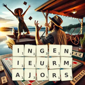 Kreative Illustration für ein Scrabble-Spiel, bei dem das Wort INGENIEURMAJORS mit Steinen auf dem Brett gelegt wurde.