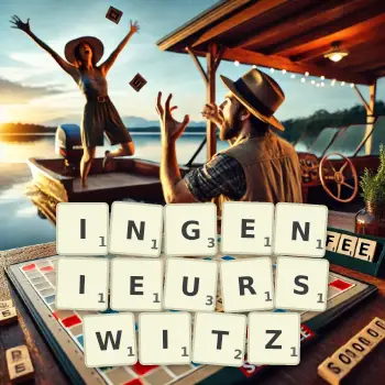 Kreative Illustration für ein Scrabble-Spiel, bei dem das Wort INGENIEURSWITZ mit Steinen auf dem Brett gelegt wurde.