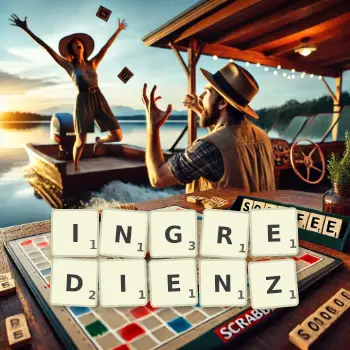 Kreative Illustration für ein Scrabble-Spiel, bei dem das Wort INGREDIENZ mit Steinen auf dem Brett gelegt wurde.