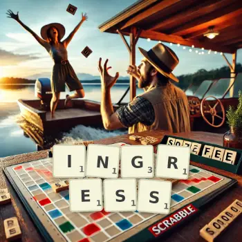 Kreative Illustration für ein Scrabble-Spiel, bei dem das Wort INGRESS mit Steinen auf dem Brett gelegt wurde.