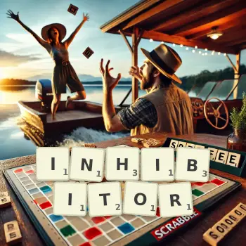 Kreative Illustration für ein Scrabble-Spiel, bei dem das Wort INHIBITOR mit Steinen auf dem Brett gelegt wurde.