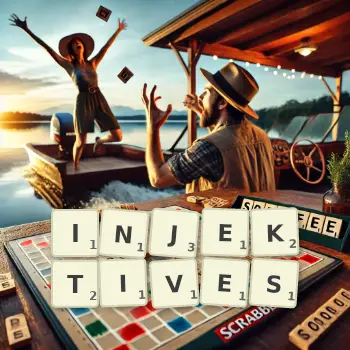 Kreative Illustration für ein Scrabble-Spiel, bei dem das Wort INJEKTIVES mit Steinen auf dem Brett gelegt wurde.