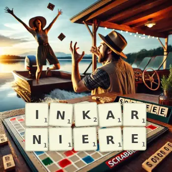 Kreative Illustration für ein Scrabble-Spiel, bei dem das Wort INKARNIERE mit Steinen auf dem Brett gelegt wurde.
