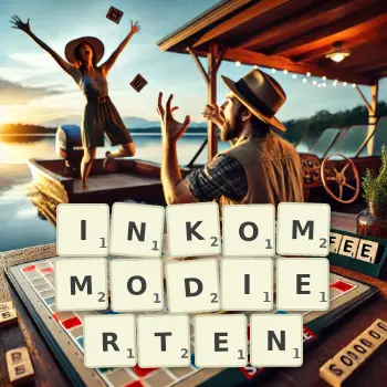 Kreative Illustration für ein Scrabble-Spiel, bei dem das Wort INKOMMODIERTEN mit Steinen auf dem Brett gelegt wurde.