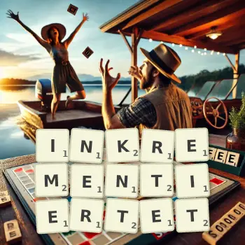 Kreative Illustration für ein Scrabble-Spiel, bei dem das Wort INKREMENTIERTET mit Steinen auf dem Brett gelegt wurde.